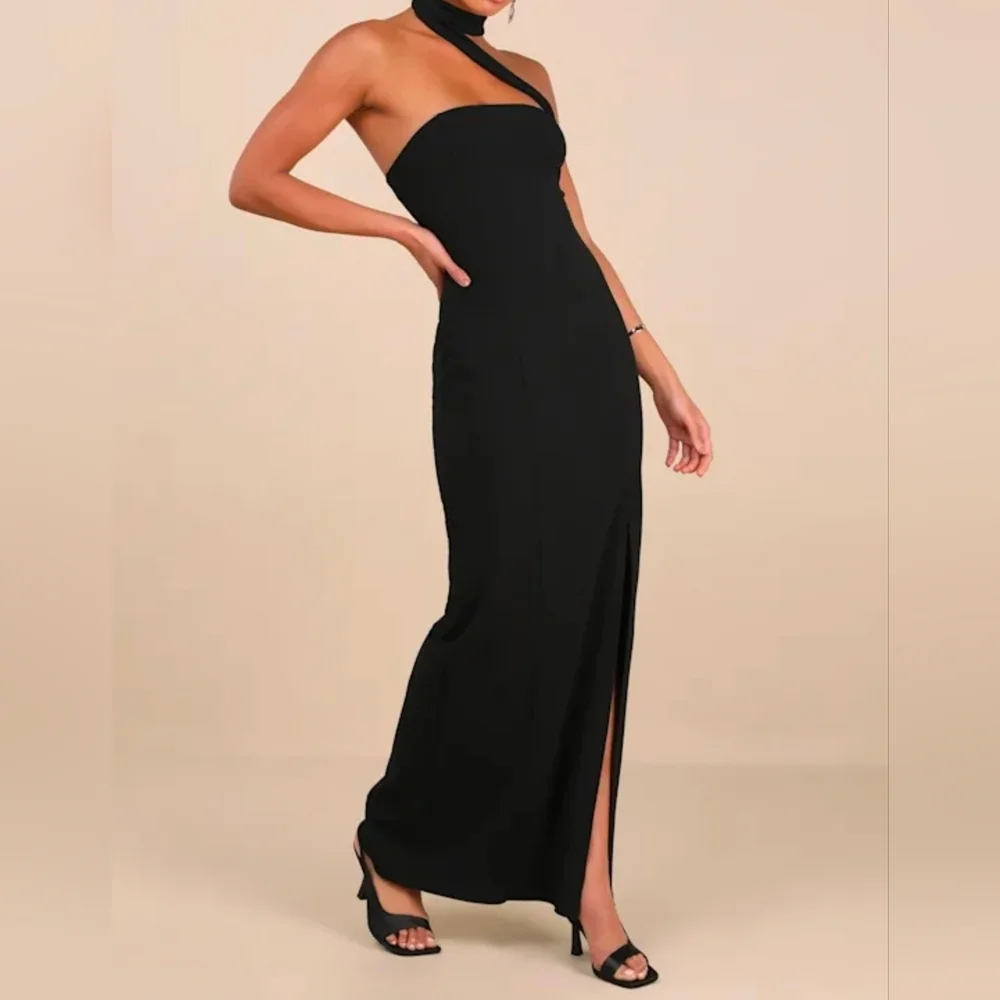 Lulus S Seraphina Black Asymmetrical Column Maxi Dress, Size S